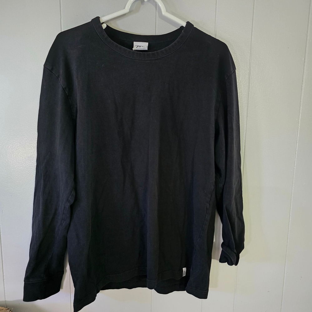 Zara Long Sleeve T-Shirt Mens Large Black Crewneck Cotton Essential Solid